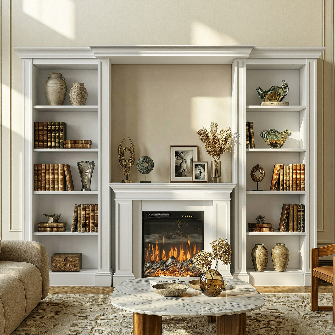 Traditional Entertainment Center with Built-In Electric Fireplace and Bookshelves