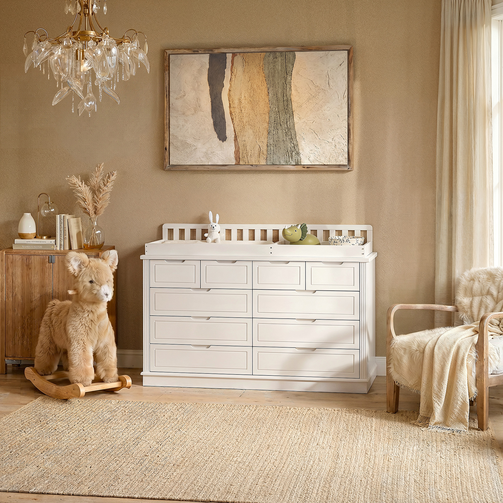 Solid Wood Changing Table with Drawers and Handle-Free Design-Natural-White