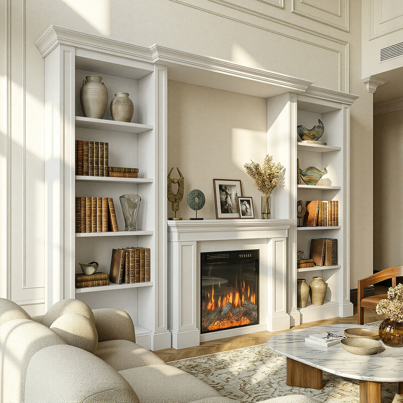 Traditional Entertainment Center with Built-In Electric Fireplace and Bookshelves